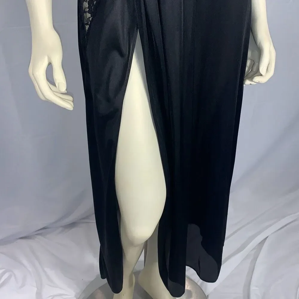 Vintage 70's Black Lingerie Slip Dress Maxi Long Dress High Slit See through Wai - Picture 5 of 16